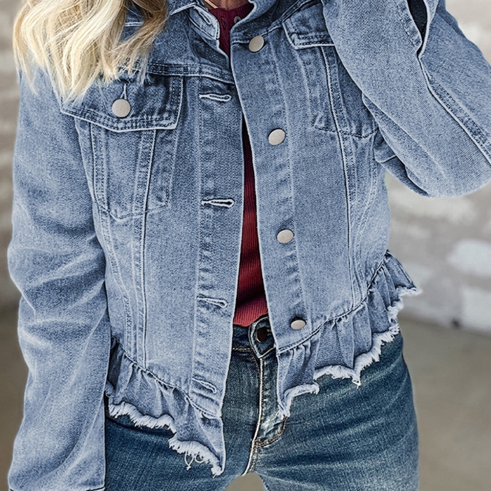 B160 Beau Blue Ruffle Raw Hem Flap Pockets Denim Jacket